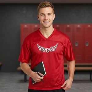 เสื้อเจอร์ซีย์อเมริกันฟุตบอลชาย สีแดง คอวี แขนสั้น ผ้าตาข่ายระบายอากาศ โพลีเอสเตอร์ 100% ทรงปกติสำหรับผู้ใหญ่ สีพื้น - Product Image 2