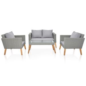 Set di 4 pezzi di mobili da esterno in legno di Acacia Rattan in resina con cuscini morbidi sedie da tavolo grigiore per balcone sul retro - Product Image 1