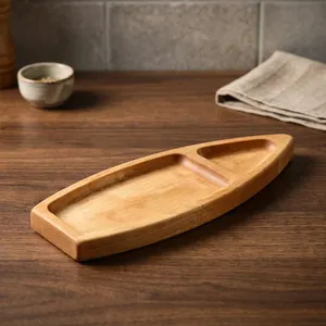 Plateau de service en bois en forme de bateau, plateau de service décoratif en bois pour la table à manger, les collations, le thé et la décoration de la maison - Product Image 6