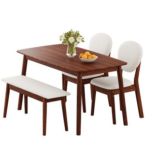 Set da Pranzo con 1 Tavolo, 2 Sedie e 1 Panca, Finitura Noce Scuro, Rettangolare, Sedute Imbottite Beige, Set per Sala da Pranzo in Gomma - Product Image 3