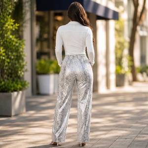 Pantalon évasé en cuir gaufré effet peau de serpent gris argenté, pantalon pattes d'éléphant rétro années 70, pantalon de motard en cuir pour femme - Product Image 6