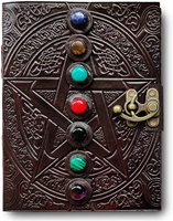 Carnet de notes vierge vintage en cuir gaufré avec pentagramme celtique et pierres des sept chakras, relié par couture, 120 feuilles