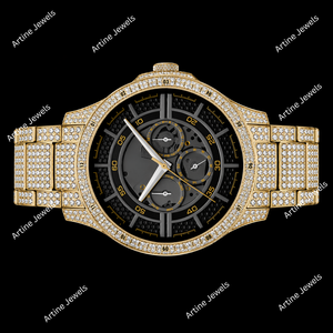 Gold Tone Crystal Stone <b>Black</b> Skeleton Dial Round Face Chronograph Style Fashion <b>Watch</b> With Detailed Multi Display Luxury Design - Product Image 2