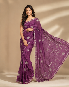 Purple Embroidered Silk <b>Saree</b> <b>Women</b> | Handcrafted Zari Border | Vintage Style | Floor-Length | Festival Wedding Party Wear | - Product Image 2