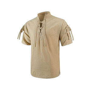 Haut de printemps pour homme en lin et coton corail vintage, col mandarin, manches longues, respirant, couleur unie - Product Image 3