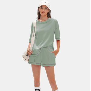 Conjunto de Verano para Mujer, Dos Piezas, Estilo Dulce y Elegante, Camiseta de Manga Corta y Pantalones Cortos, Ecológico, Transpirable, Informal - Product Image 1