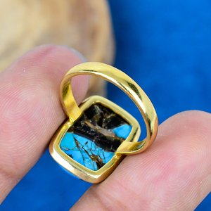 Natural Handmade Black Shell Copper <b>Turquoise</b> Cushion Shape Gemstone <b>Ring</b> 18k Gold Micron Over 925 Sterling Silver <b>Ring</b> - Product Image 4