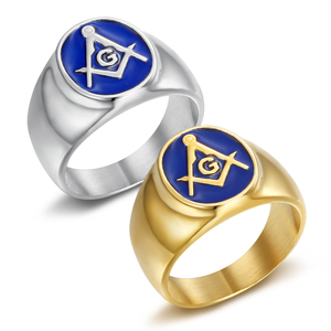 Bague Chevalière Maçonnique Personnalisée en Acier Inoxydable, Symbole de la Loge Bleue (Équerre et Compas), pour Hommes, Vente en Gros - Product Image 1