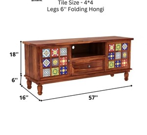 Console multimédia en bois massif de style vintage |   Meuble TV coloré avec façade en carreaux |   Vente en gros B2B Inde - Product Image 5