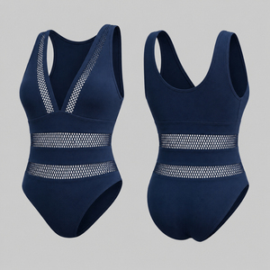 Maillot de bain une pièce bleu marine pour femme, col en V profond, monokini en maille, coupe ajustée, contrôle du ventre, séchage rapide, tissu extensible, tenue de plage - Product Image 1