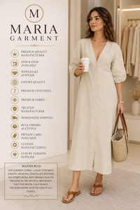 Puff Sleeve Linen/Cotton Modest V Neck Button Straight Solid Breathable Eco-Friendly Women's <b>Beach</b> <b>Kaftan</b> Dress Side Pockets - Product Image 4