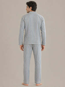Pijama clásico de manga larga para hombre, transpirable, de poliéster/algodón, con rayas celestes - Product Image 2