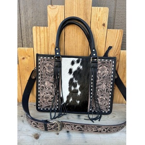 Sac fourre-tout vintage en cuir de vachette avec motifs floraux et gravures western, fermeture éclair, grande capacité, pour usage quotidien - Product Image 1