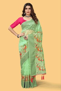 Sari en Soie Organza Premium – Broderie Multicolore avec Ornements en Pierres et Pallu à Pompons – Tenue de Soirée - Product Image 4