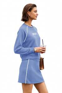 <b>Women's</b> Blue Knitted <b>Sweatshirt</b> <b>Dress</b> with White Trim Asymmetrical Neck Sleeveless Casual Sporty Solid Short Winter Autumn Wear - Product Image 3
