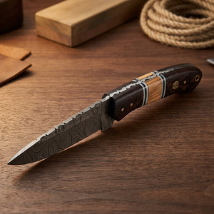 Cuchillo de caza hecho a mano de acero de Damasco con mango de madera de wengué y funda de cuero fino, cuchillo para desollar, cuchillo de camping, cuchillo para exteriores. - Product Image 3