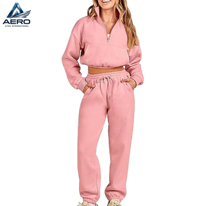 Newest Style Tracksuit Women Full Set Casual 2 Piece Outfits Plain Long Sleeve Ladies <b>Cropped</b> Half Zipper <b>Top</b> And Jogger Sets - Product Image 1