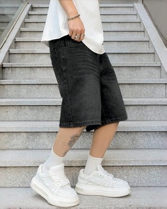 Pantalones Cortos Bermuda de Mezclilla Negra Lavada para Hombre, Cintura Media, Cierre Elástico, Casuales, de Lona de Algodón Sólido - Product Image 1