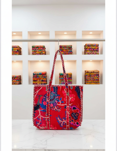 Quilted Red Velvet Reversible Fashion <b>Vintage</b> Bohemian Shoulder <b>Tote</b> <b>Bag</b> Spring Summer Canvas Lining Zipper Closure Lightweight - Product Image 3