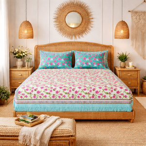 Sábana Plana de Algodón Hecha a Mano en Jaipur, Tamaño King, Estampado a Bloque, 108"x90", Suave, Ecológica, Duradera, 200 Hilos, Lavable a Máquina, Sostenible - Product Image 5