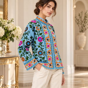 Veste en velours bleu ciel brodée de fleurs pour femmes |   Vêtement d'extérieur bohème avec manches longues, col décoratif et couleur - Product Image 3
