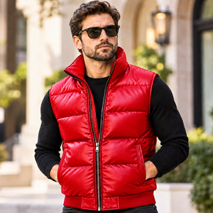 Men's Casual Leather Puffer <b>Vest</b> with Front Zipper | Chaleco Acolchado Casual de Cuero para Hombre con Cremallera Delantera - Product Image 1