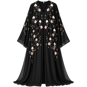 Abaya pour femmes, robe islamique à manches longues, broderie florale, maxi kaftan pour la prière, tenue quotidienne - Product Image 1