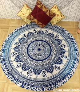 Hermosa Alfombra Redonda de Yoga y Picnic de Algodón con Diseño de Mandala, 72 Pulgadas, Suave, para Decoración del Hogar, Hecha a Mano por Consignatarios Indios - Product Image 1