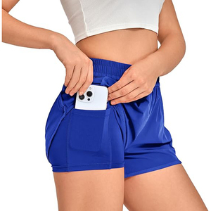 Shorts de sport en polyester bleu roi pour femmes, taille haute, pour l'entraînement athlétique, avec taille smockée, pour la course à pied - Product Image 3