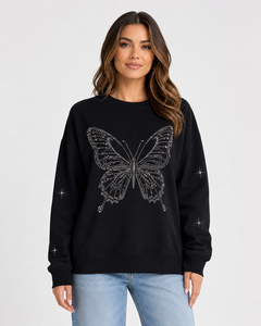 <b>Women's</b> <b>Black</b> Oversized <b>Sweatshirt</b> With Rhinestone Printing Crew Neck Long Sleeve Knitted 100% Cotton Autumn Wear - Product Image 1