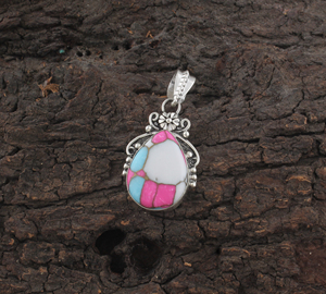 Pendentif en forme de poire SHREE JAIPUR SILVER Vintage Boho en argent sterling 925 avec pierre précieuse composite turquoise couleur barbe à papa, fait main - Product Image 2