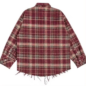 Camisa de franela a cuadros informal para hombre, manga larga, cuello vuelto, dobladillo deshilachado, con botones - Product Image 2