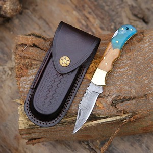 UA Supplies Industrial Grade Damascus Steel Drop Point Knife Pearl Resin Handle Brass Accents Blue Inlay 6.5 Overall Knife - Product Image 1