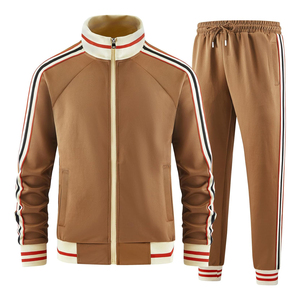 2026 Men's <b>Brown</b> Tracksuit Full Sleeve Zipper Closure Stand Collar Sporty <b>Joggers</b> Set Autumn Casual Striped Design Tracksuit - Product Image 1