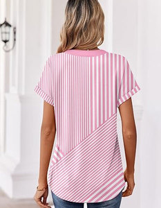 Camiseta de Manga Corta con Cuello en V para Mujer, a Rayas, Holgada, Informal, de Verano, con Patrón Rosa y Blanco, Transpirable, de Algodón Tejido - Product Image 4