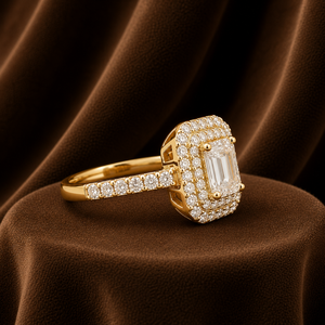 Women 14K Plated Yellow Gold Engagement <b>Ring</b> Halo <b>Emerald</b> Diamond Moissanite Anniversary Bridal <b>Ring</b> - Product Image 4