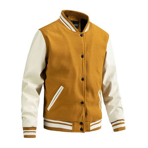 Veste de baseball pour homme, couleur jaune moutarde, col en V, boutonnée, style varsity, hiver, sportive, 100% laine, coupe-vent, antibactérienne - Product Image 1