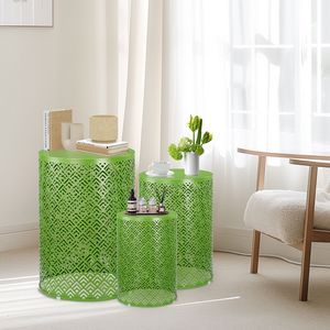 Set di 3 Tavolini Moderni da Esterno Componibili, Altezza 12-14-16 Pollici, Tavolino Decorativo Verde con Struttura in Metallo per Interni ed Esterni - Product Image 2