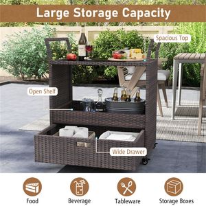 Carrello Bar da Esterno in Rattan PE Intrecciato a Mano con Piano in Vetro Temperato e Cassetto, 4 Ruote con Freni, Carrello di Servizio per Arredamento da Giardino - Product Image 2