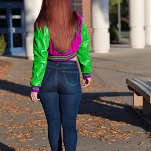 Womens <b>Varsity</b> Crop <b>Jacket</b> <b>Purple</b> Lime Green Letterman Style Bomber Coat Faux Leather Sleeves Casual Outerwear Ladies Fashion - Product Image 6