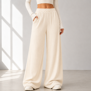 Women Cream Knitted Wide Leg <b>Pants</b> High Waist Loose Fit Full Length Casual Solid Color Elastic Waist Pockets Autumn Style - Product Image 1