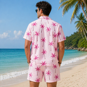 Shirt Anti-Pilling Satin Fabric Short Sleeve Pink Floral Printed Design satin 100%poly 300Grams Men's Casual Summer Breatha - Product Image 3