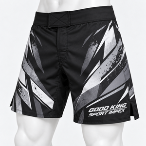 Shorts de sport imprimés noir et gris pour hommes, style grunge éclaboussures, taille élastique à crochet, jambes fendues, personnalisables pour marque, vente en gros - Product Image 3
