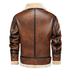 Veste bomber vintage en similicuir pour homme, doublure en fourrure artificielle, classique, chaude, imperméable, logo sur le devant, style aviateur rétro. - Product Image 4