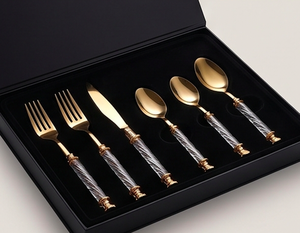 Gold Layered Stainless <b>Utensils</b> <b>With</b> Reflective White Patterned <b>Holders</b> Designed For Classy Table Arrangements - Product Image 6
