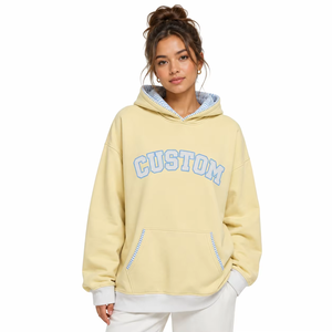 Low MOQ Color Block Varsity Loose Fit Custom Women's Hoodies Wholesale Pastel Yellow High GSM Cotton blend Embroidered Clothing - Product Image 1