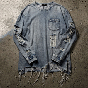 Wholesale Distressed Tee Shirt Women Summer Street Distress T-Shirt Ladies Long Sleeve Denim Cotton Distressed TShirt Women's - Product Image 1