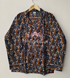 Conjunto de Pijama de 2 Piezas para Mujer, Hecho a Mano, de Algodón Puro, con Estampado de Leopardo Azul, Transpirable, Ecológico, de Manga Larga y Cuello Camisero - Product Image 3