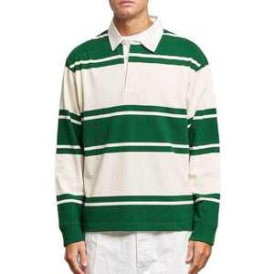 Men's Long Sleeve Striped Knitted <b>Polo</b> Shirt Green Cream Preppy Style Regular Fit - Product Image 4