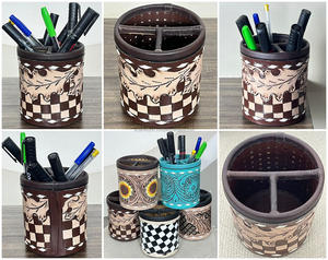 Nouveauté March Expo : Porte-stylo rond en cuir à motif damier, style occidental, fait main, organisateur de bureau, accessoire de bureau artisanal - Product Image 2